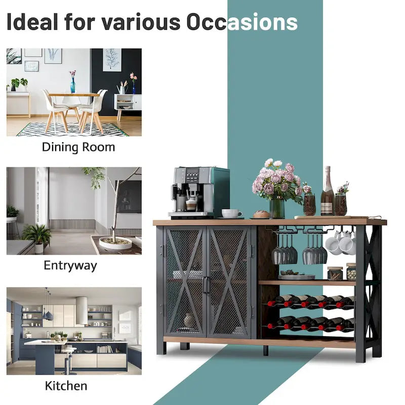 Mobile bar buffet con portabottiglie, buffet/credenza moderna con bar per vini e mobile da pranzo, grigio/marrone