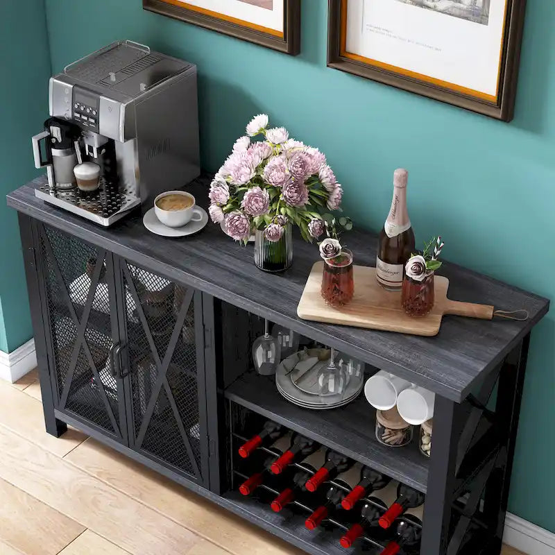 Mobile bar buffet con portabottiglie, buffet/credenza moderna con bar per vini e mobile da pranzo, grigio/marrone