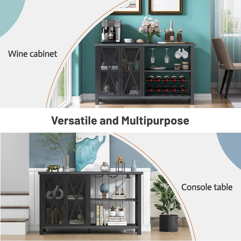 Mobile bar buffet con portabottiglie, buffet/credenza moderna con bar per vini e mobile da pranzo, grigio/marrone