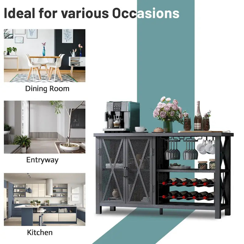 Mobile bar buffet con portabottiglie, buffet/credenza moderna con bar per vini e mobile da pranzo, grigio/marrone