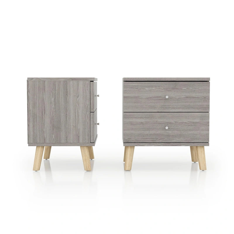 Mid-Century Modern Distressed Grey 2-Drawer Nightstand with Knobs
