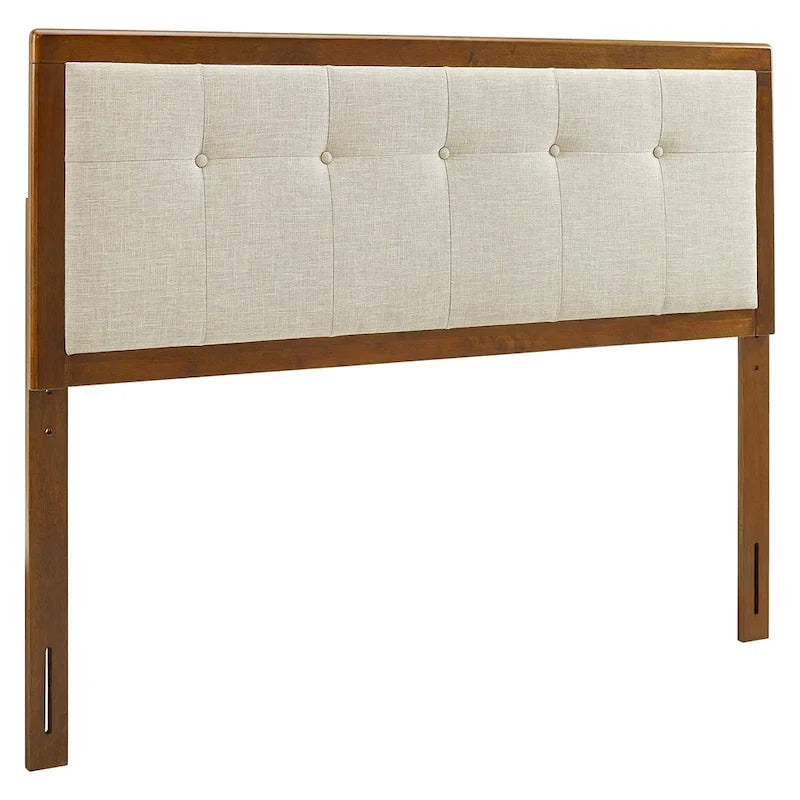 Traditional Beige Fabric Button Tufted King Walnut Wooden Headboard