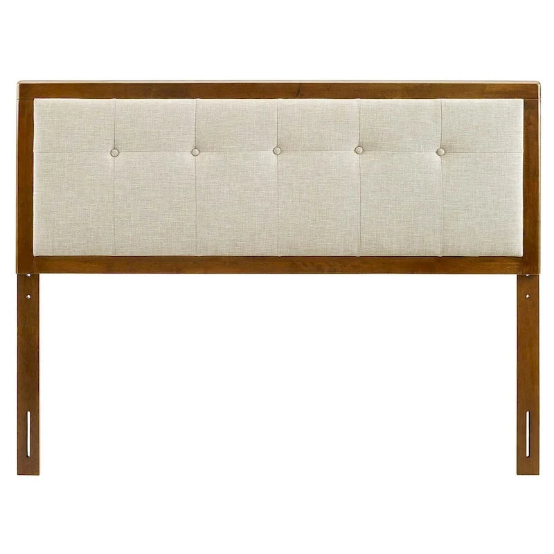 Traditional Beige Fabric Button Tufted King Walnut Wooden Headboard