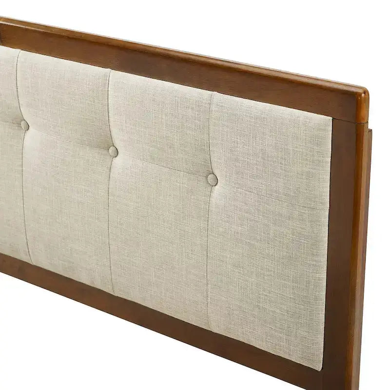 Traditional Beige Fabric Button Tufted King Walnut Wooden Headboard