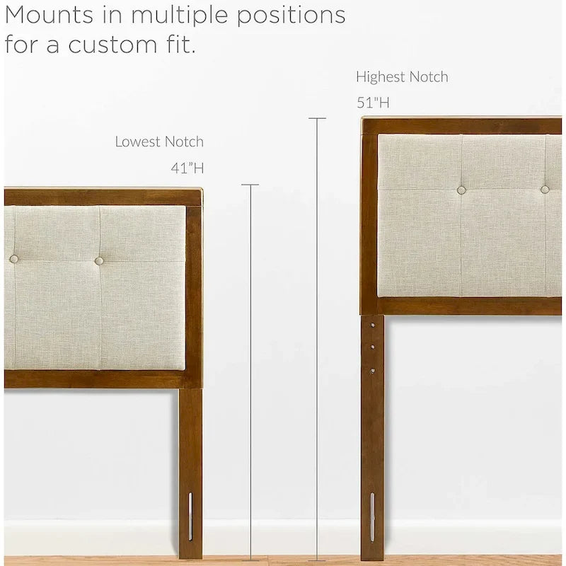 Traditional Beige Fabric Button Tufted King Walnut Wooden Headboard