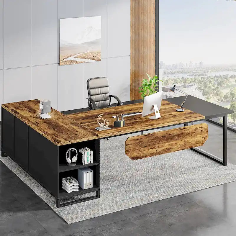 70.8" Executive Desk with 55" File Cabinet, L-Shaped Computer Desk with Storage Shelves