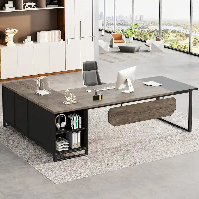 70.8" Executive Desk with 55" File Cabinet, L-Shaped Computer Desk with Storage Shelves