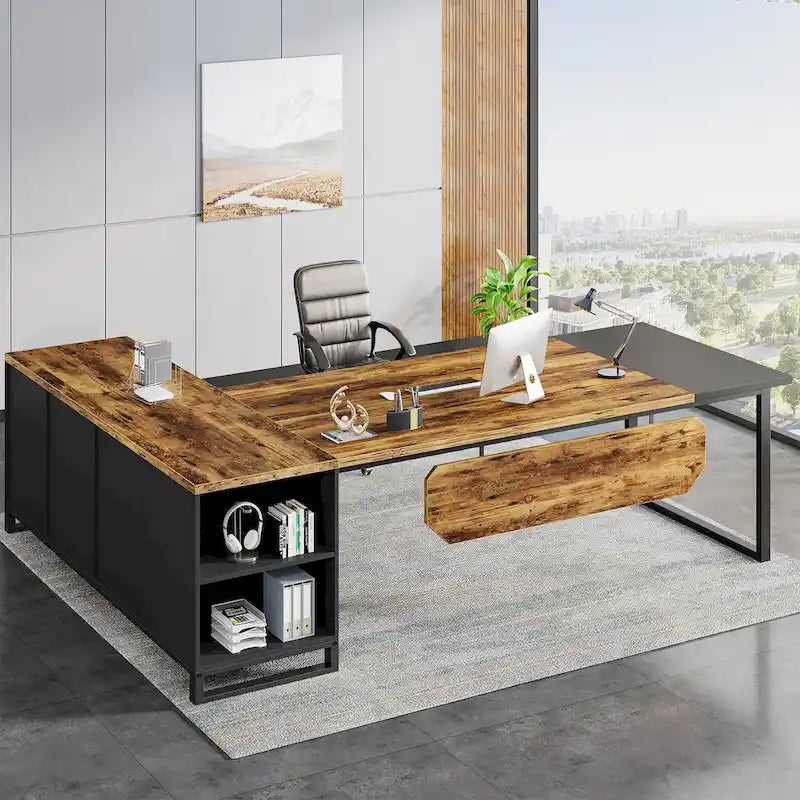 70.8" Executive Desk with 55" File Cabinet, L-Shaped Computer Desk with Storage Shelves