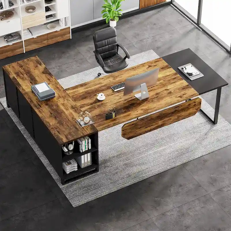 70.8" Executive Desk with 55" File Cabinet, L-Shaped Computer Desk with Storage Shelves