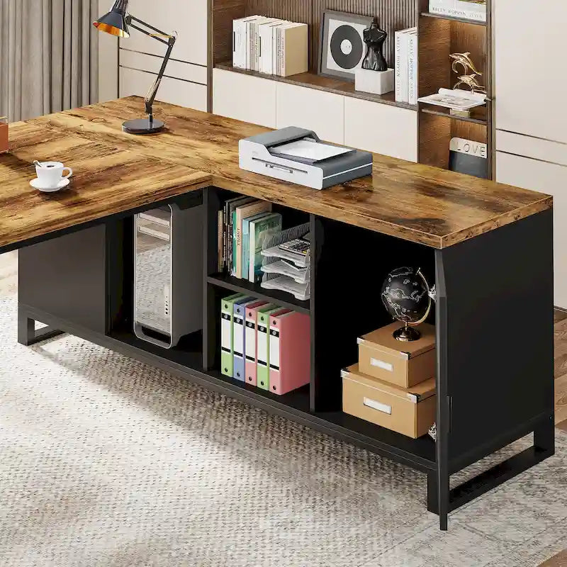 Escritorio ejecutivo en forma de L de 70.8" con archivador de 55" y estantes de almacenamiento