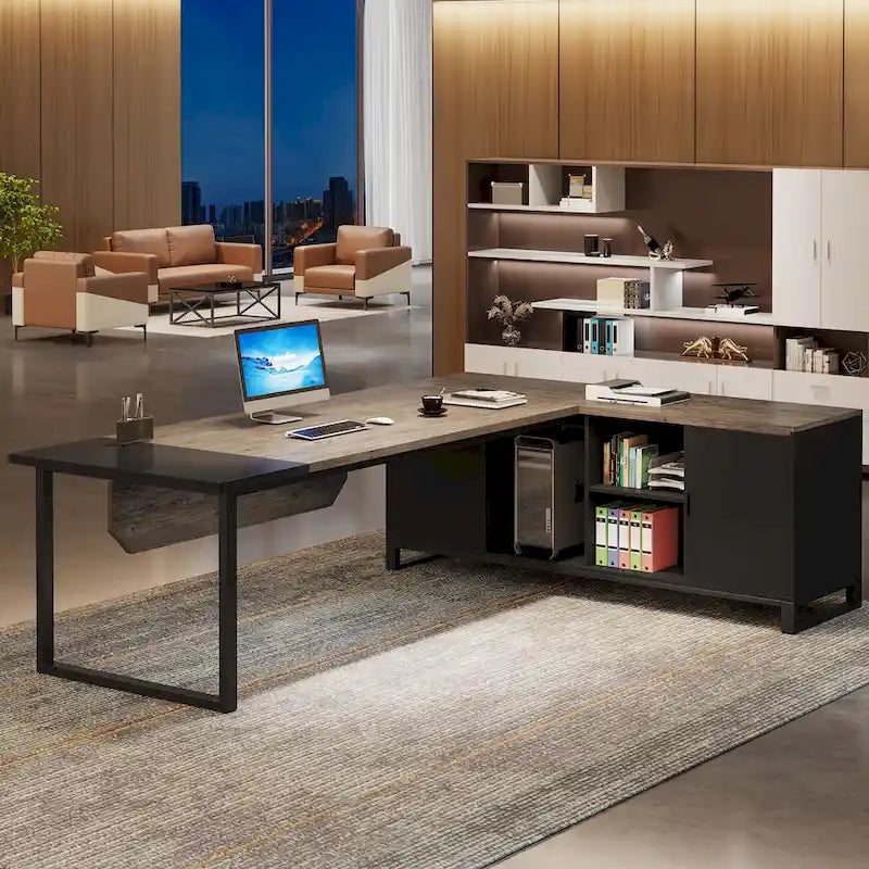 Escritorio ejecutivo en forma de L de 70.8" con archivador de 55" y estantes de almacenamiento