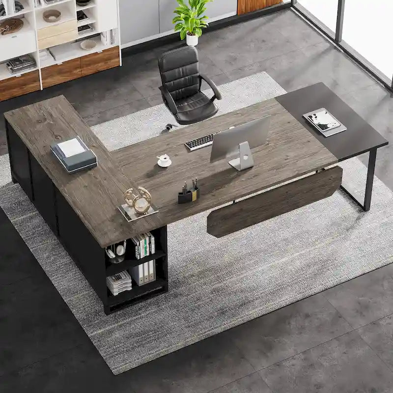 Escritorio ejecutivo en forma de L de 70.8" con archivador de 55" y estantes de almacenamiento