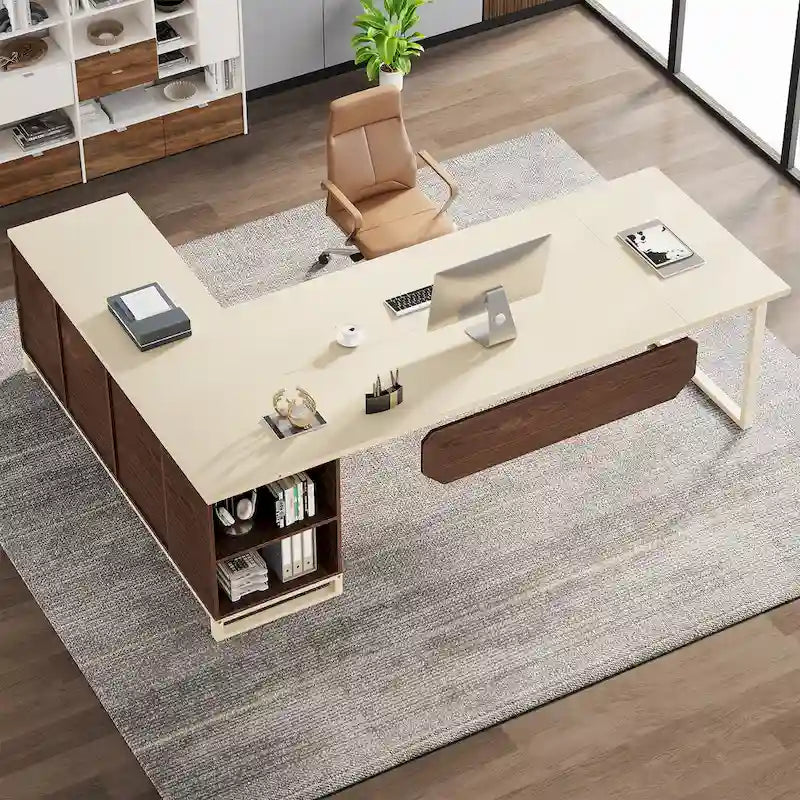 Escritorio ejecutivo en forma de L de 70.8" con archivador de 55" y estantes de almacenamiento