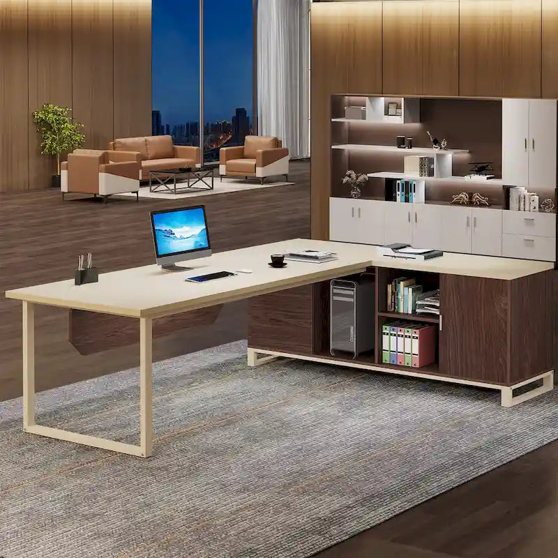 Escritorio ejecutivo en forma de L de 70.8" con archivador de 55" y estantes de almacenamiento