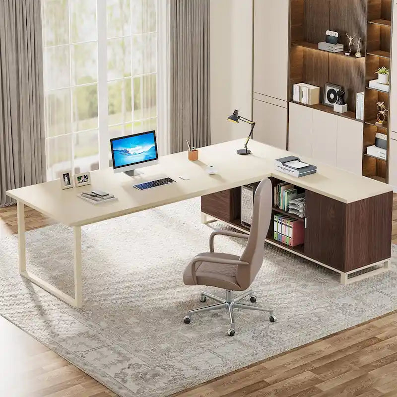 Escritorio ejecutivo en forma de L de 70.8" con archivador de 55" y estantes de almacenamiento