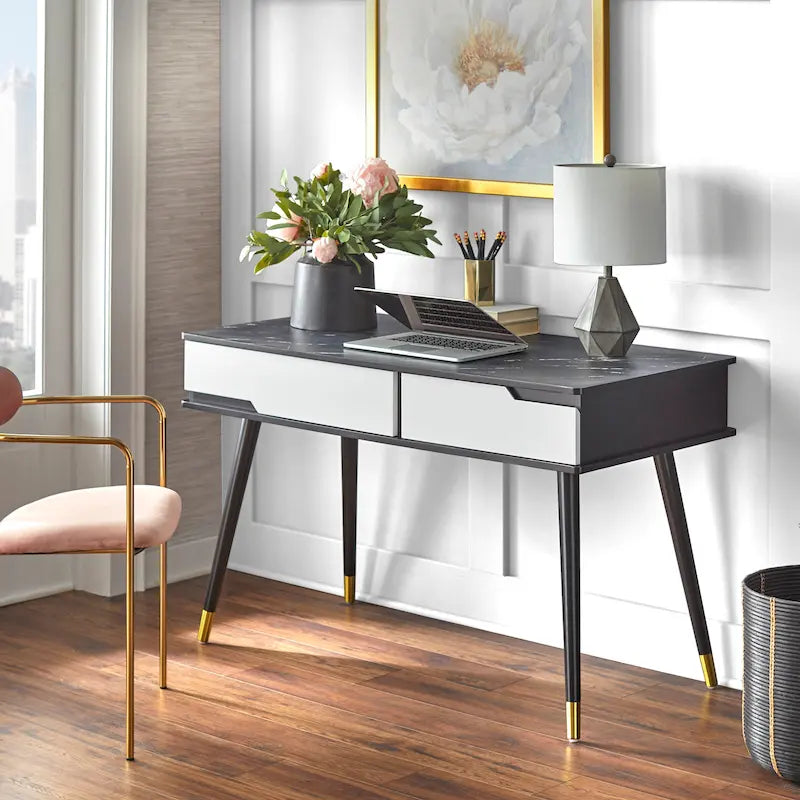 Mid-Century Modern Desk with Faux Marble Top & Drawers