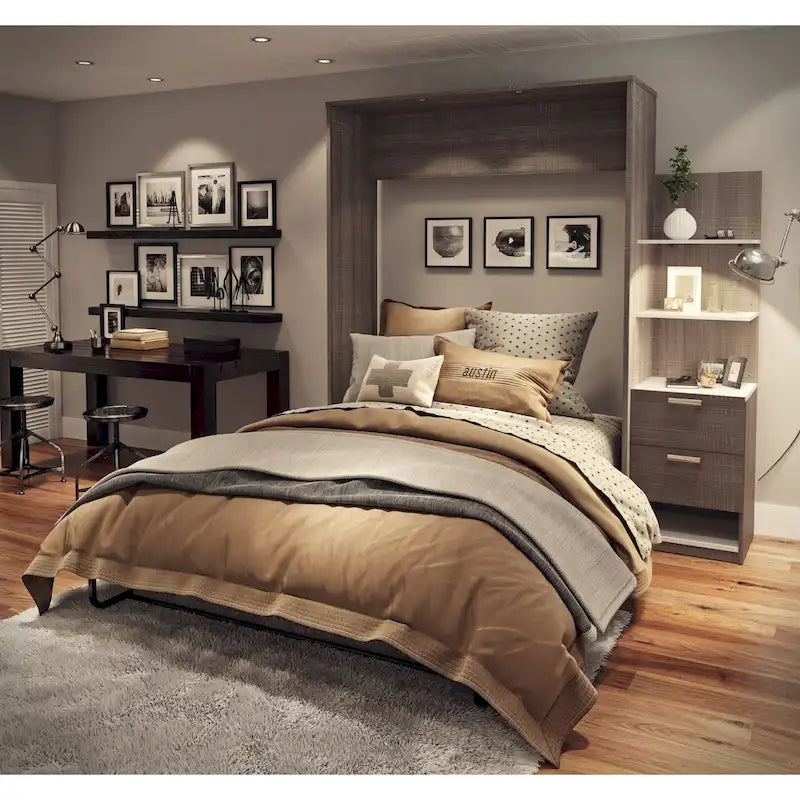 Cama abatible tamaño queen con mesita de noche y estantes flotantes (85W)
