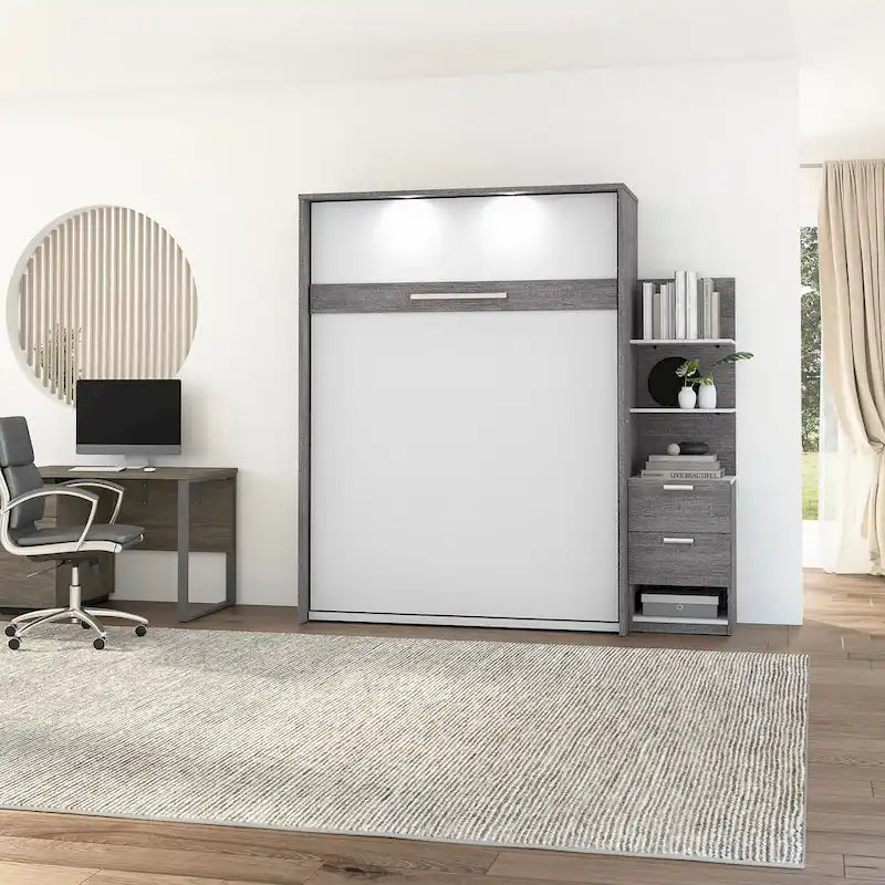Cama abatible tamaño queen con mesita de noche y estantes flotantes (85W)