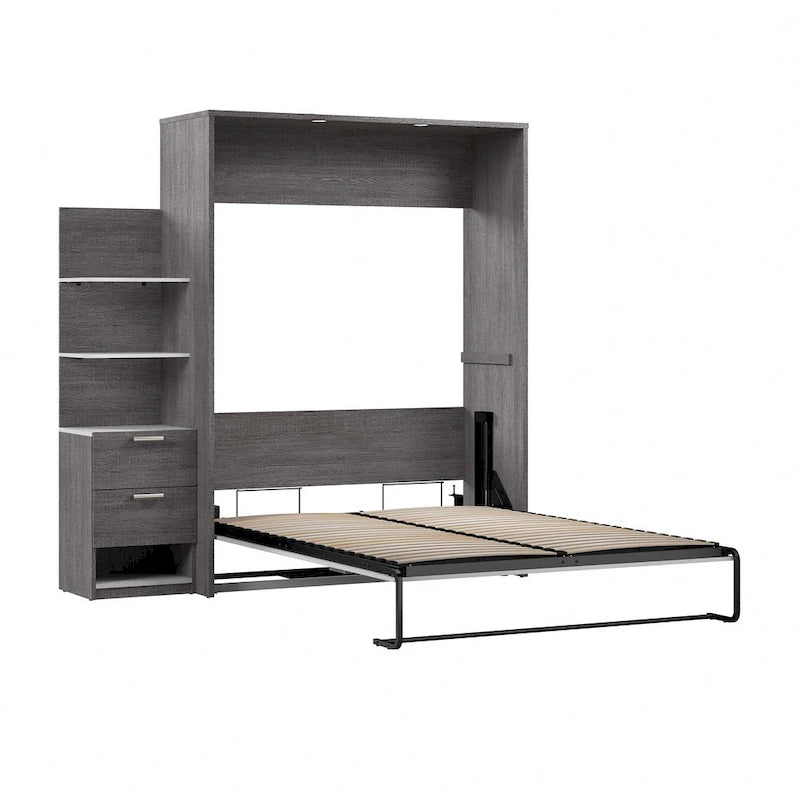 Cama abatible tamaño queen con mesita de noche y estantes flotantes (85W)