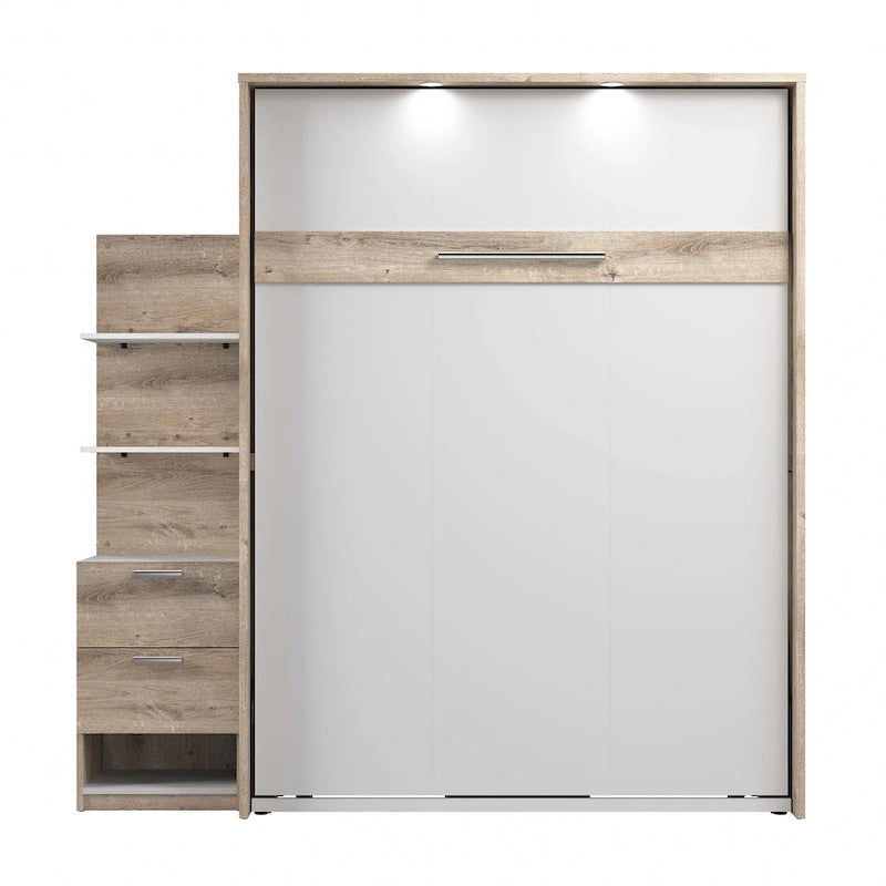 Cama abatible tamaño queen con mesita de noche y estantes flotantes (85W)