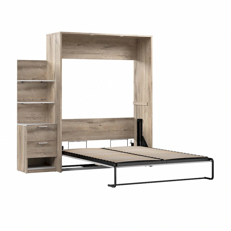 Cama abatible tamaño queen con mesita de noche y estantes flotantes (85W)