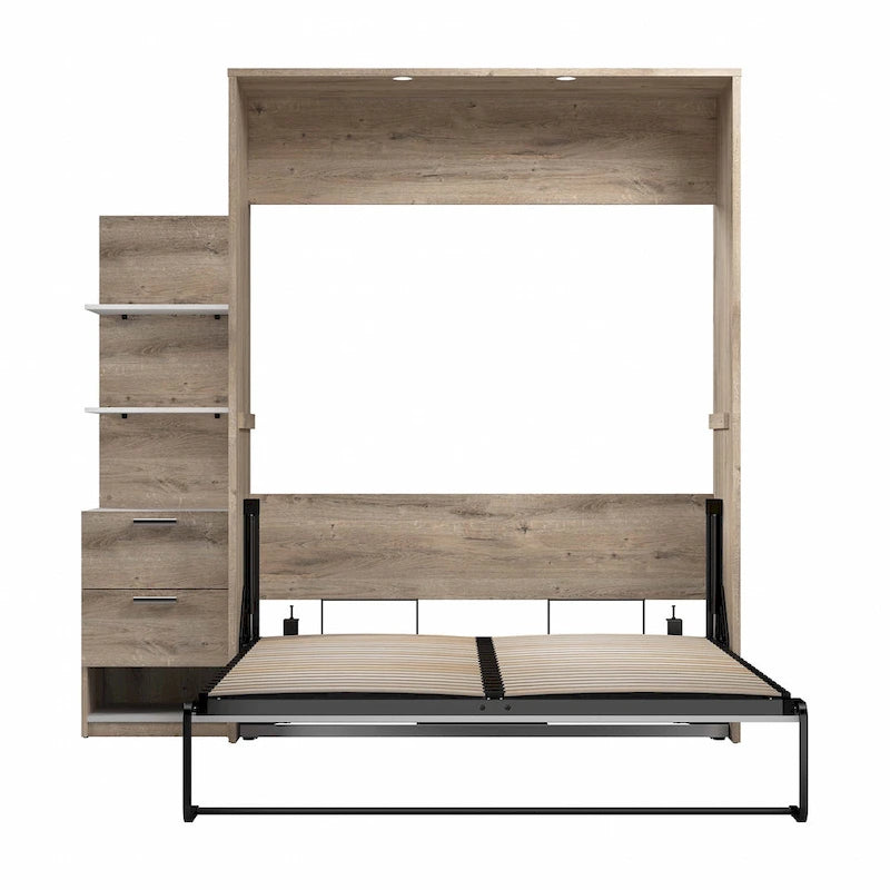 Cama abatible tamaño queen con mesita de noche y estantes flotantes (85W)