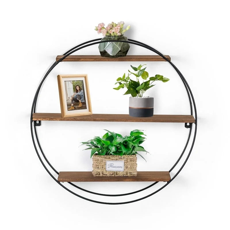 Round Floating Shelves with Wood and Metal Frame