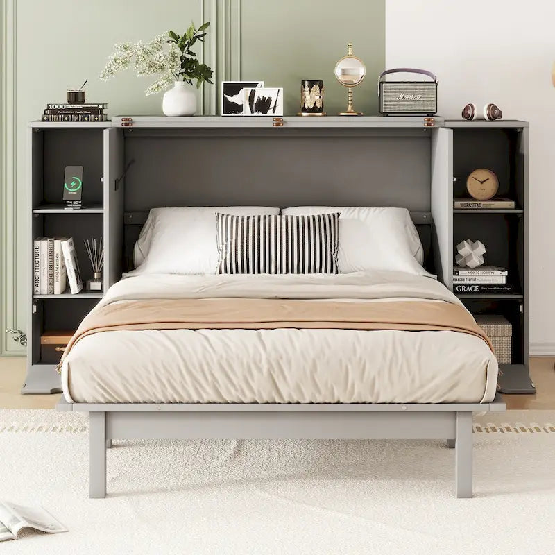 Full Size Murphy Bed with Shelves, Drawers and USB Ports - Gray