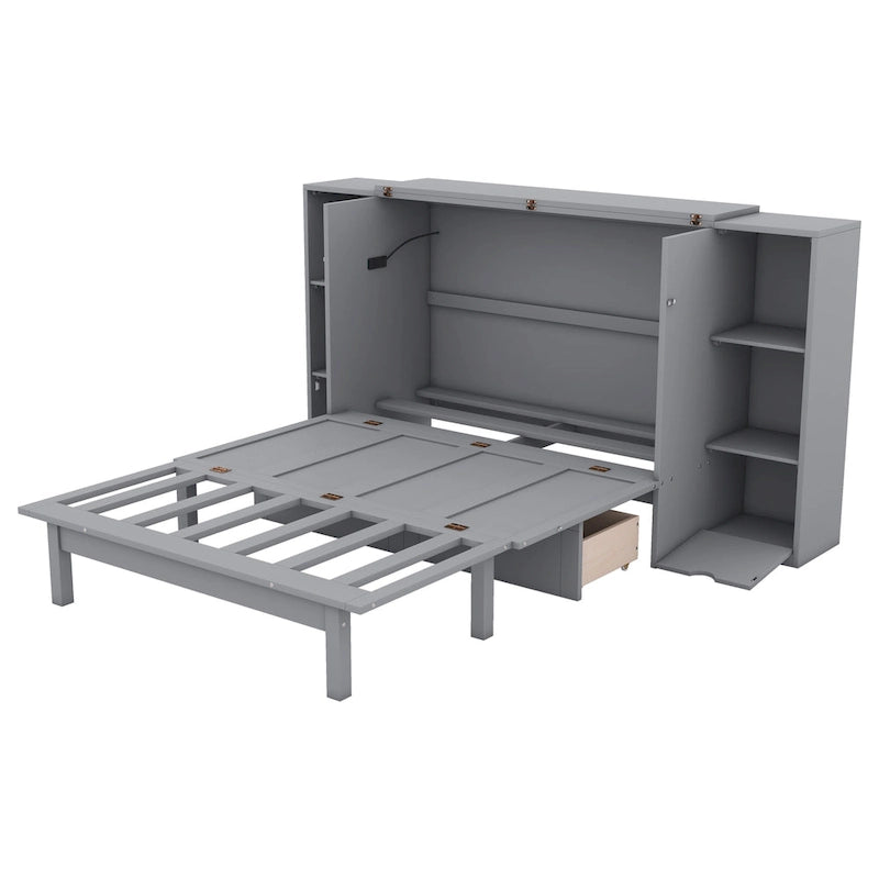 Full Size Murphy Bed with Shelves, Drawers and USB Ports - Gray