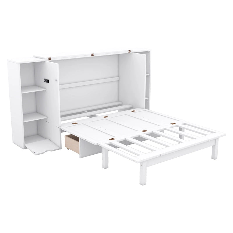 Full Size Murphy Bed with Shelves, Drawers and USB Ports - Gray