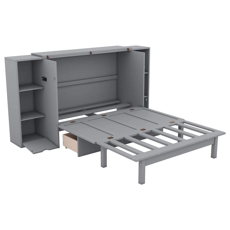 Full Size Murphy Bed with Shelves, Drawers and USB Ports - Gray