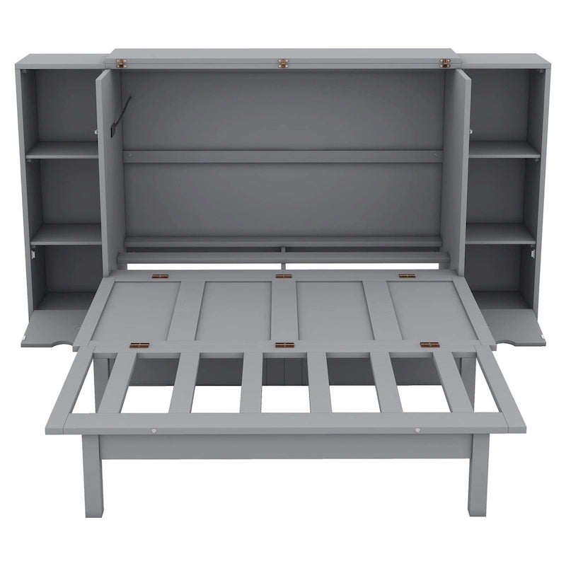 Full Size Murphy Bed with Shelves, Drawers and USB Ports - Gray