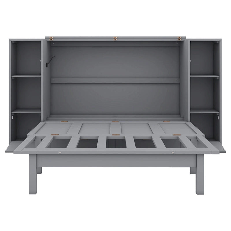 Full Size Murphy Bed with Shelves, Drawers and USB Ports - Gray
