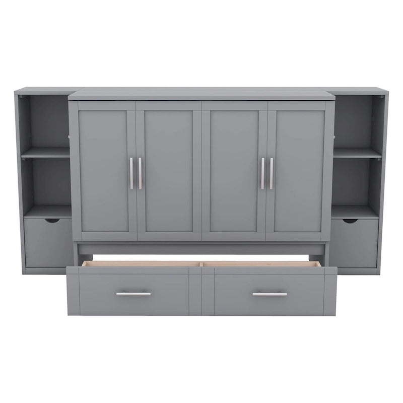 Full Size Murphy Bed with Shelves, Drawers and USB Ports - Gray