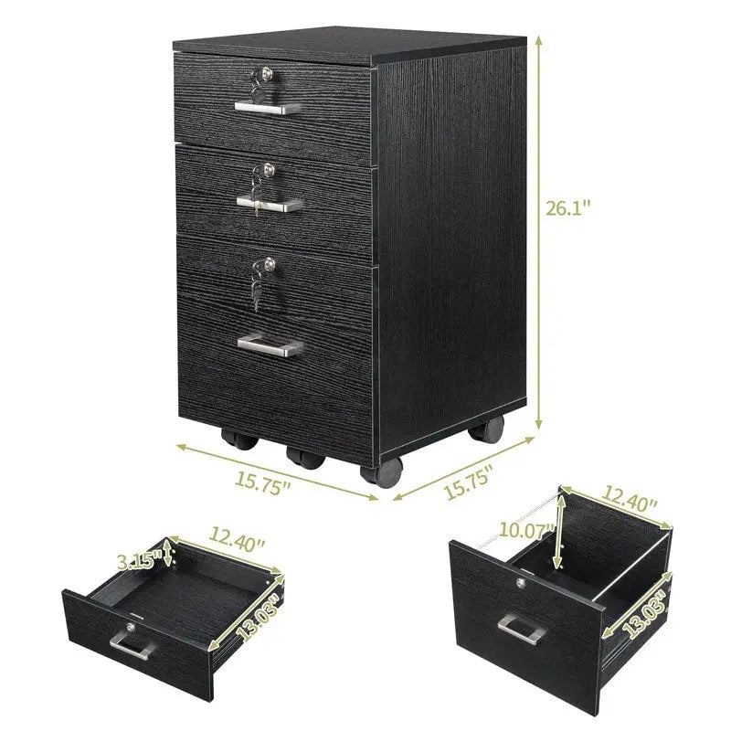 Archivador rodante de madera con 3 cajones y cerradura