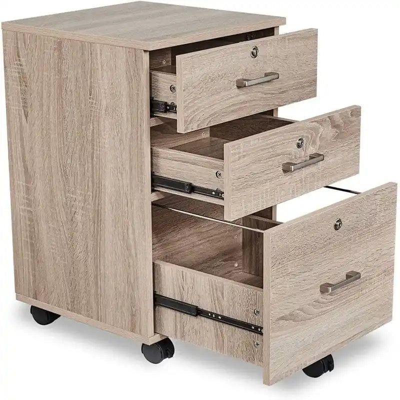 Archivador rodante de madera con 3 cajones y cerradura