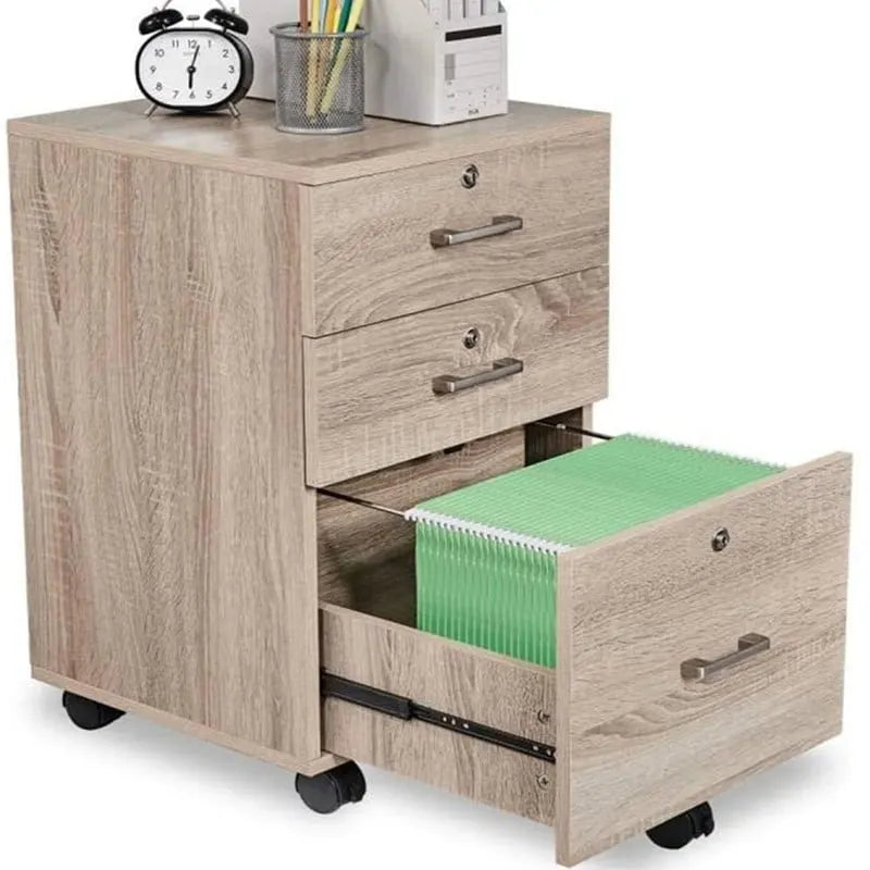 Archivador rodante de madera con 3 cajones y cerradura