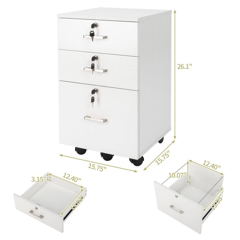 Archivador rodante de madera con 3 cajones y cerradura
