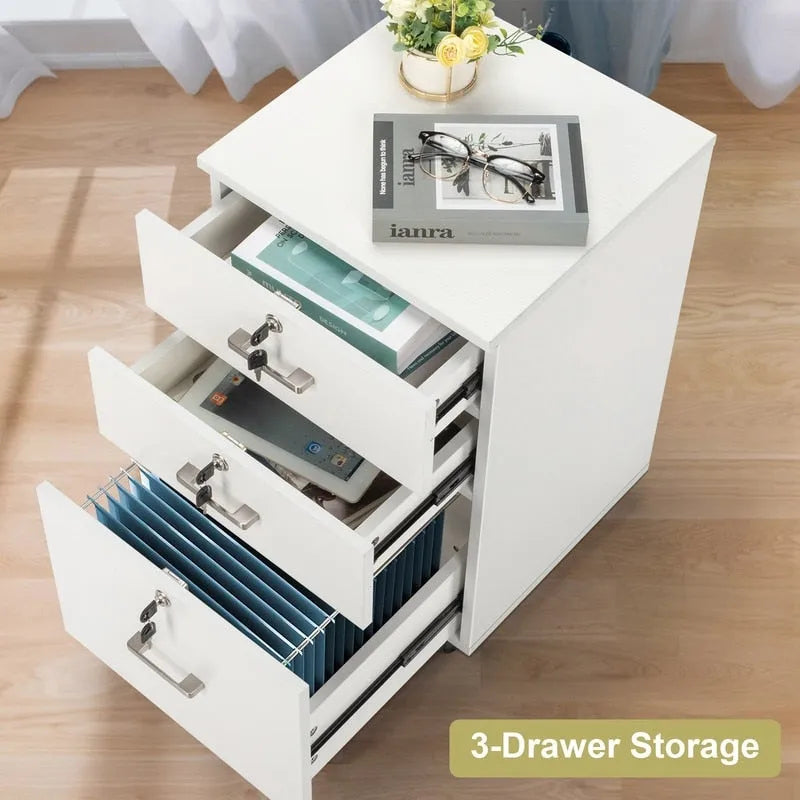 Archivador rodante de madera con 3 cajones y cerradura