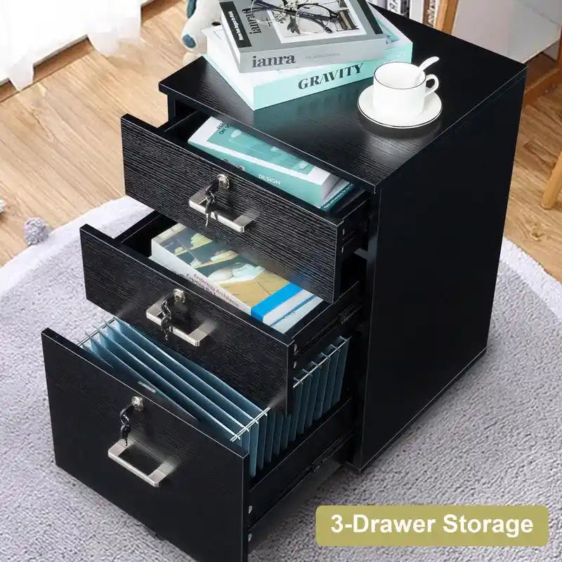 Archivador rodante de madera con 3 cajones y cerradura