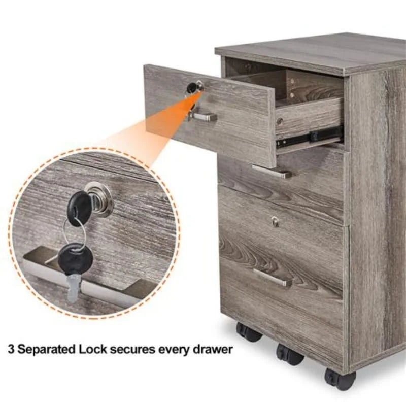 Archivador rodante de madera con 3 cajones y cerradura