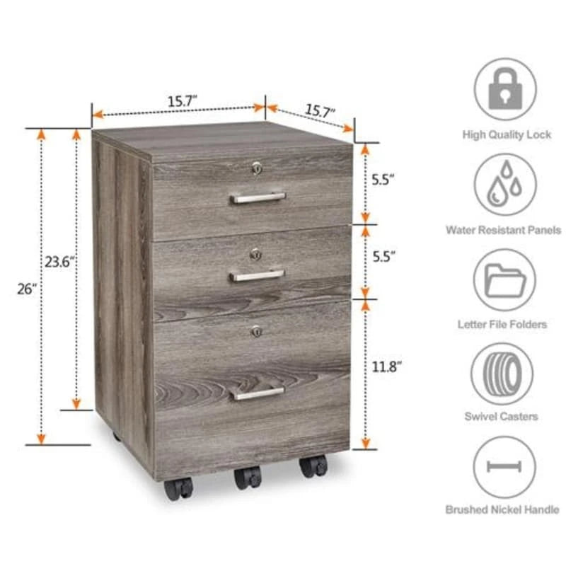Archivador rodante de madera con 3 cajones y cerradura