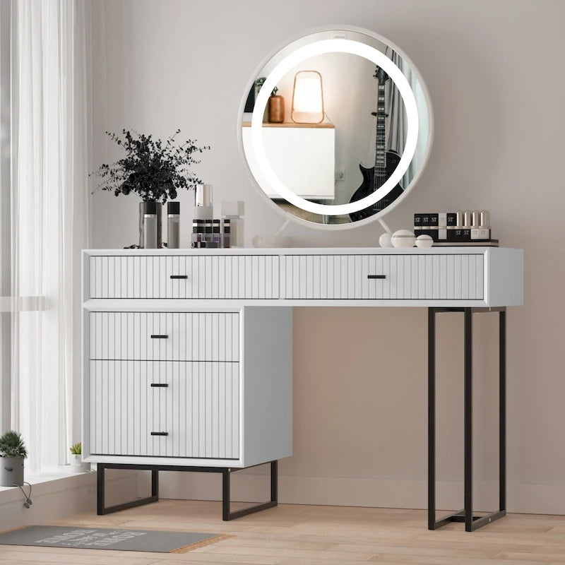 Juego de tocador de maquillaje con cajones, cómoda de almacenamiento y mesa de vestir para dormitorio