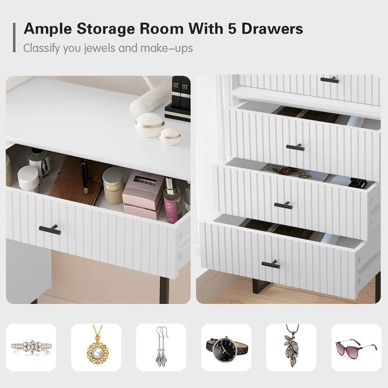 Juego de tocador de maquillaje con cajones, cómoda de almacenamiento y mesa de vestir para dormitorio