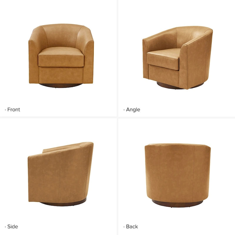 Modern Genuine Leather Swivel Barrel Chair with Solid Wood Base Set of 2