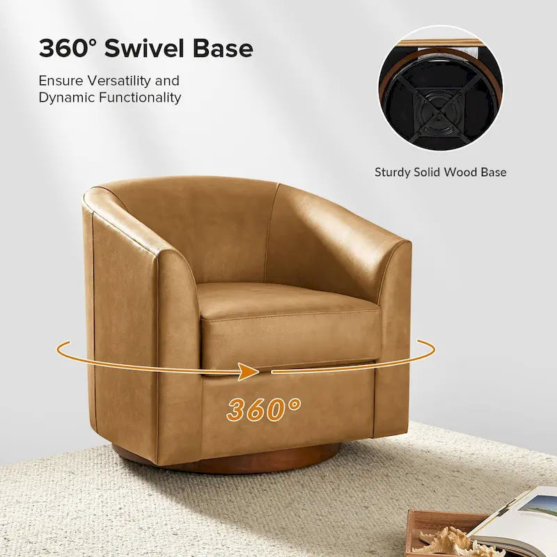 Modern Genuine Leather Swivel Barrel Chair with Solid Wood Base Set of 2