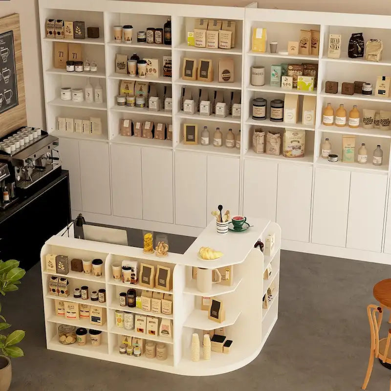 70,9" weißer, geschwungener Empfangstresen mit Regalen und Stauraum