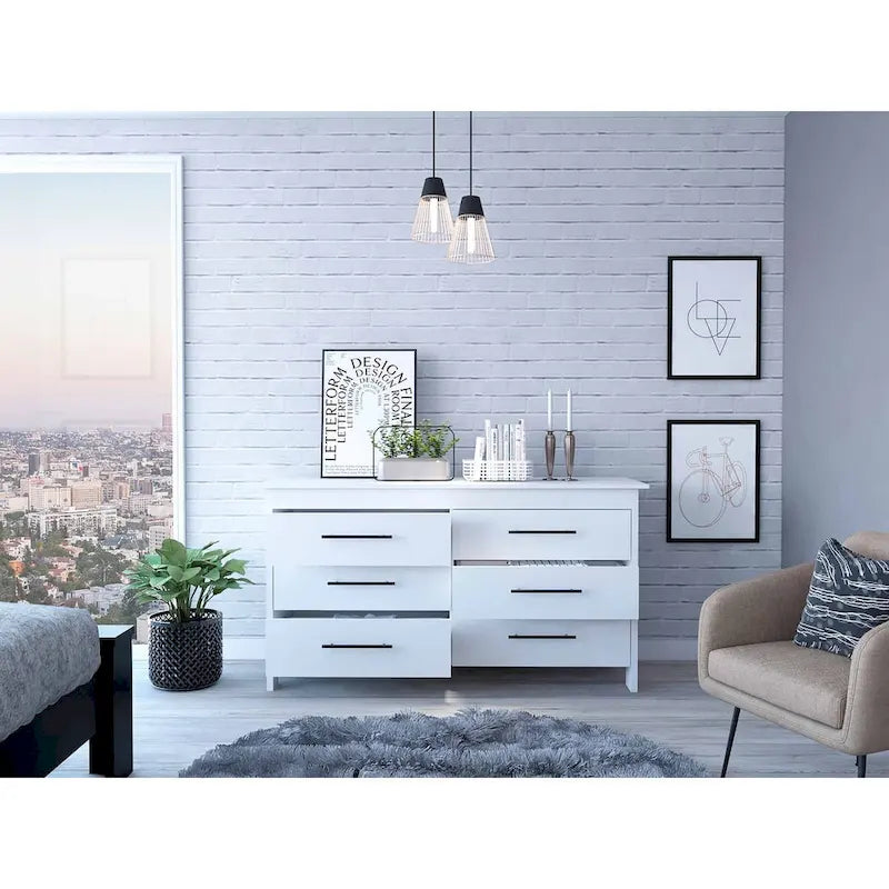 6-Drawer Rectangle Dresser Light Oak and White