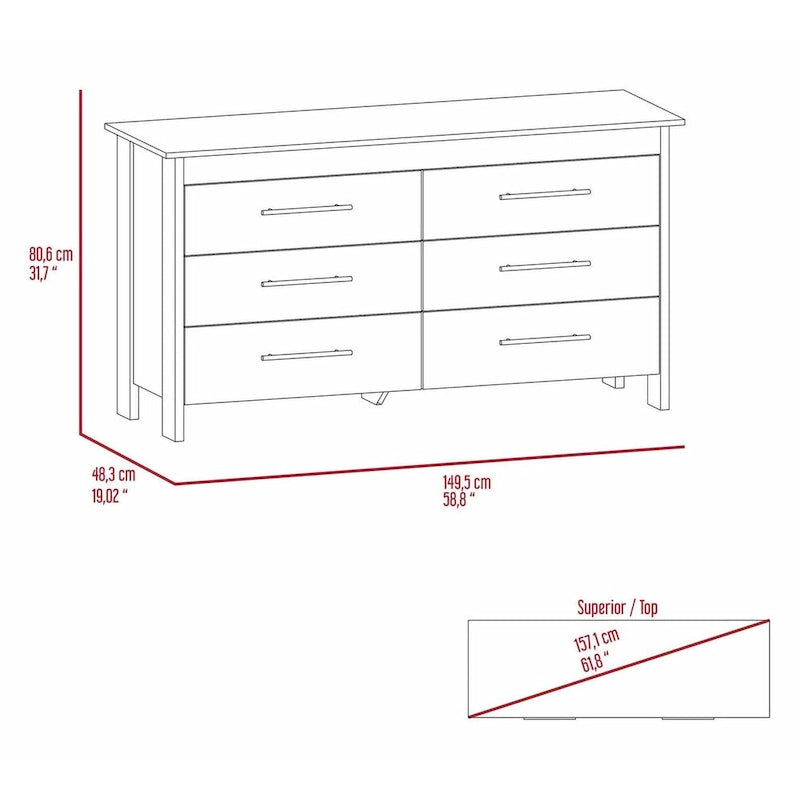 6-Drawer Rectangle Dresser Light Oak and White