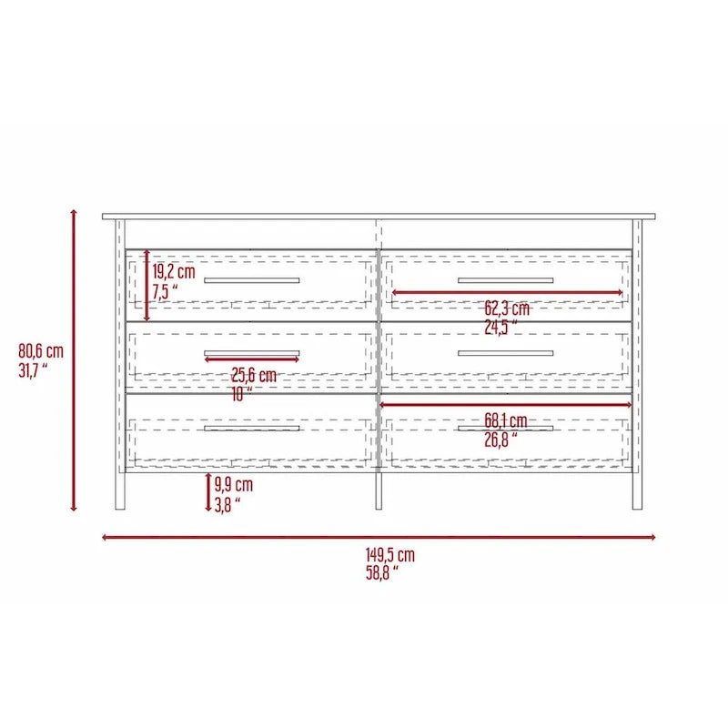6-Drawer Rectangle Dresser Light Oak and White